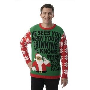 Mens Ugly Christmas Sweater Green & Red - “Santa Sees You…”Size XL